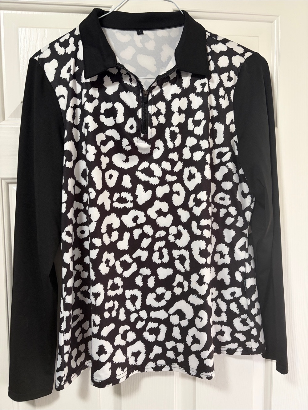 Black & White Leopard Print Long Sleeve Polo Top